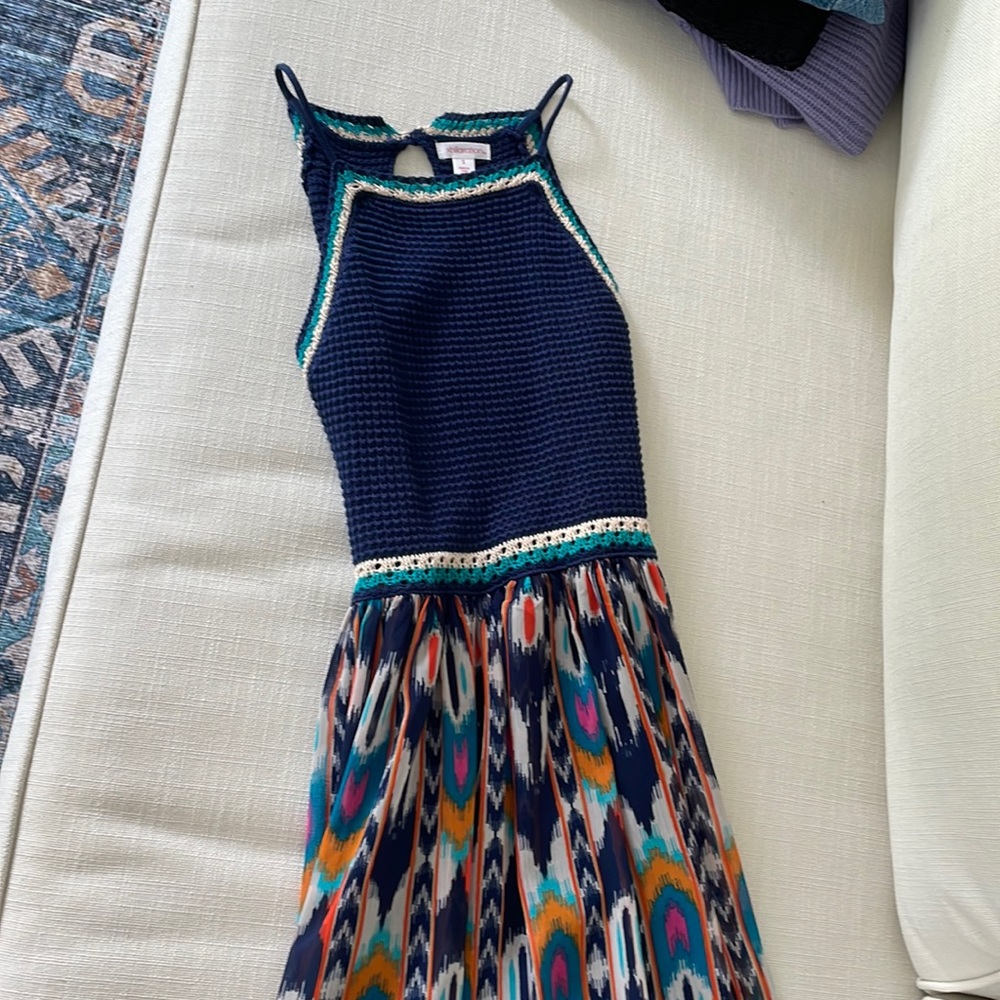 Long multi color dress, material change, size small